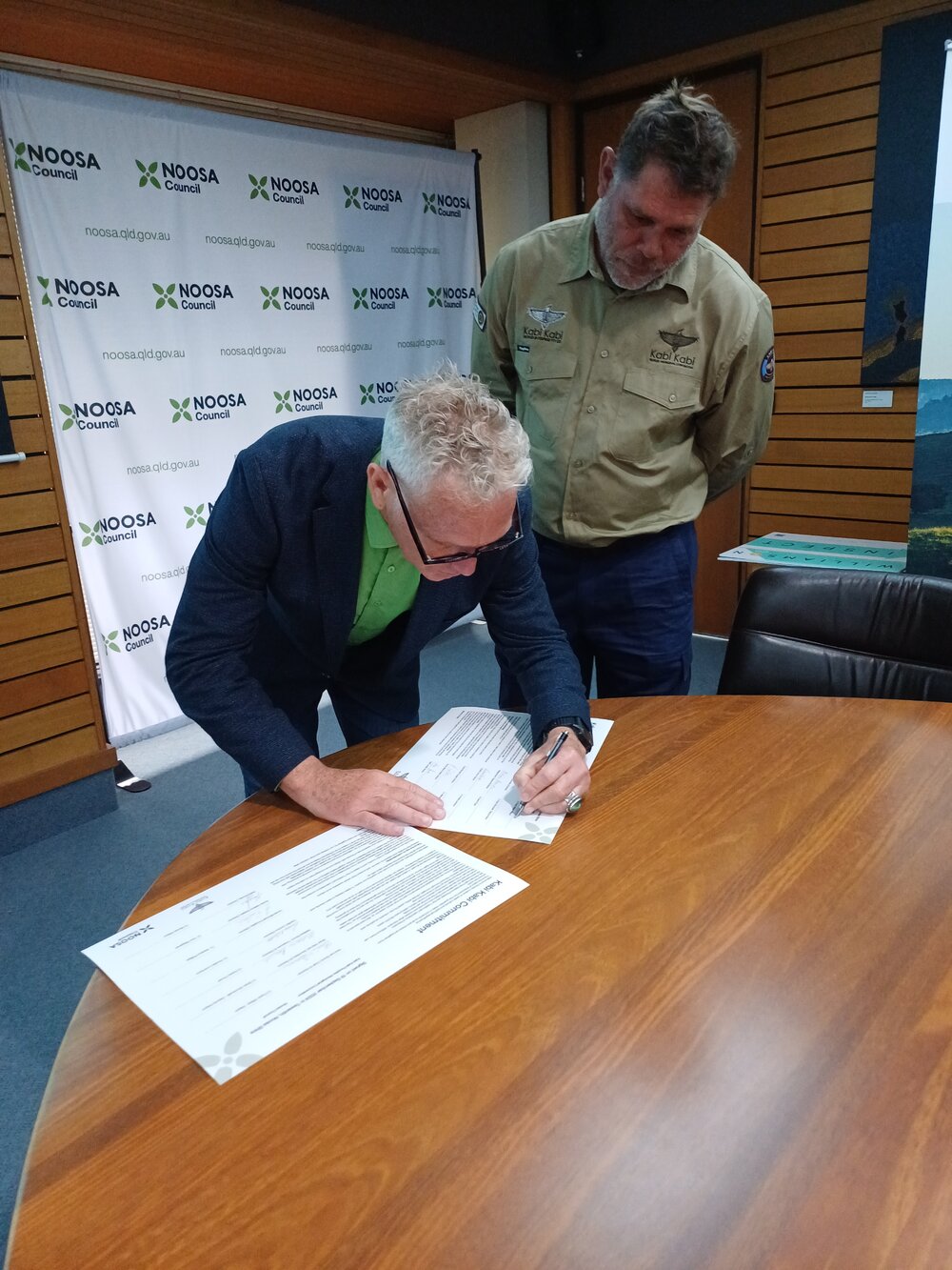 Mayor Frank Wilkie and Brian Warner, Kabi Kabi Commitment Signing, Noosa Council Chambers, Tewantin, 19 September 2024