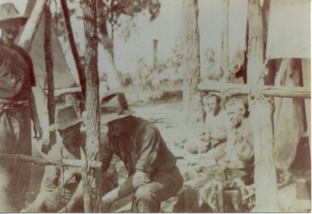 Break time, D. Munro, Frank Blanckensee, Jack Robb, Edgar William George Playford and Percy Armitage (l-r), road construction, Pomona, ca 1928