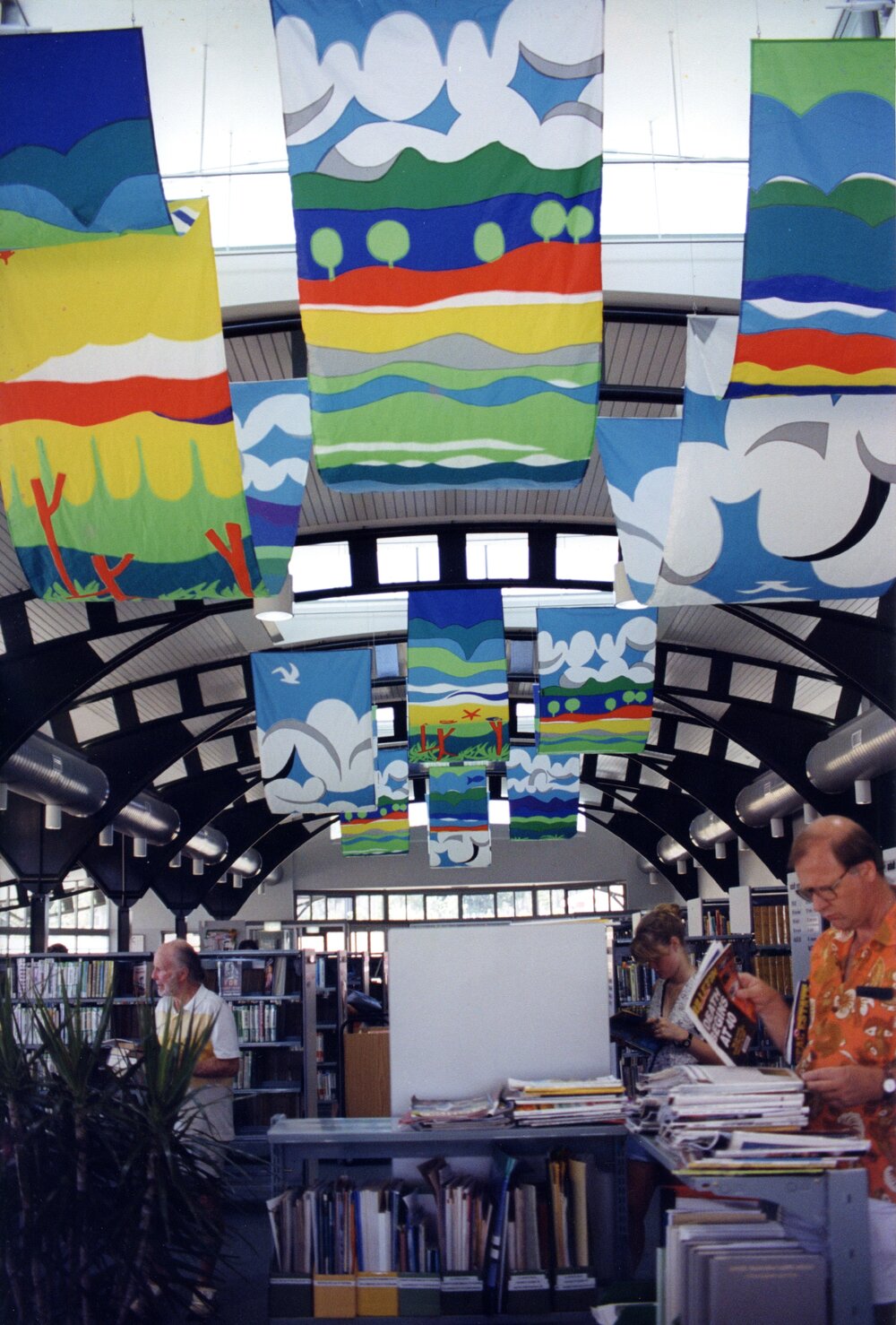 Colourful banners, Noosaville Library, Wallace Park, Noosaville, ca 1993