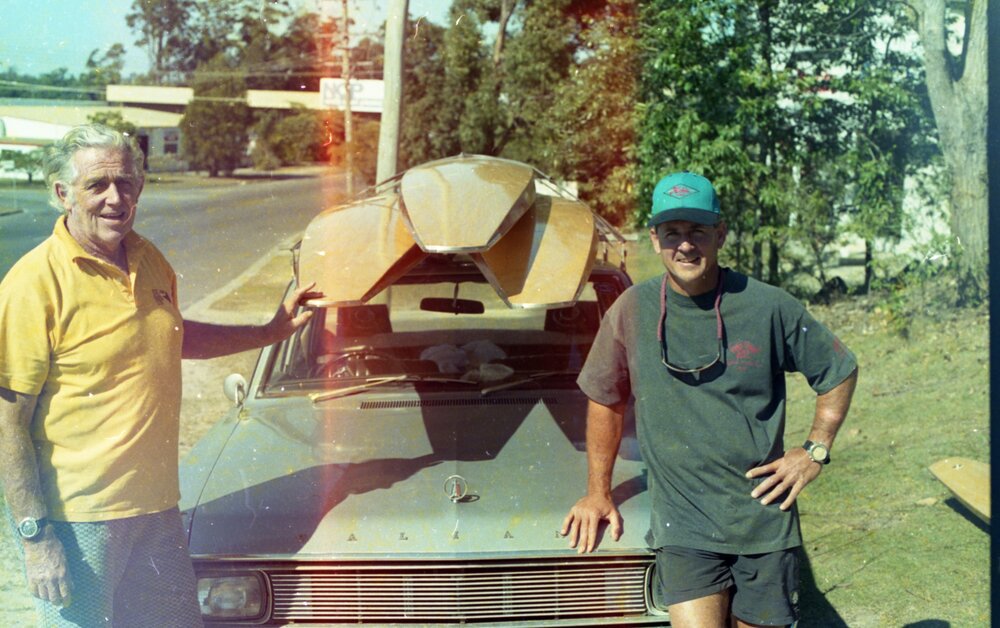Bill Wallace and Ken Lucas (l-r), 16ft 'Toothpick' surfboards, ca 1990