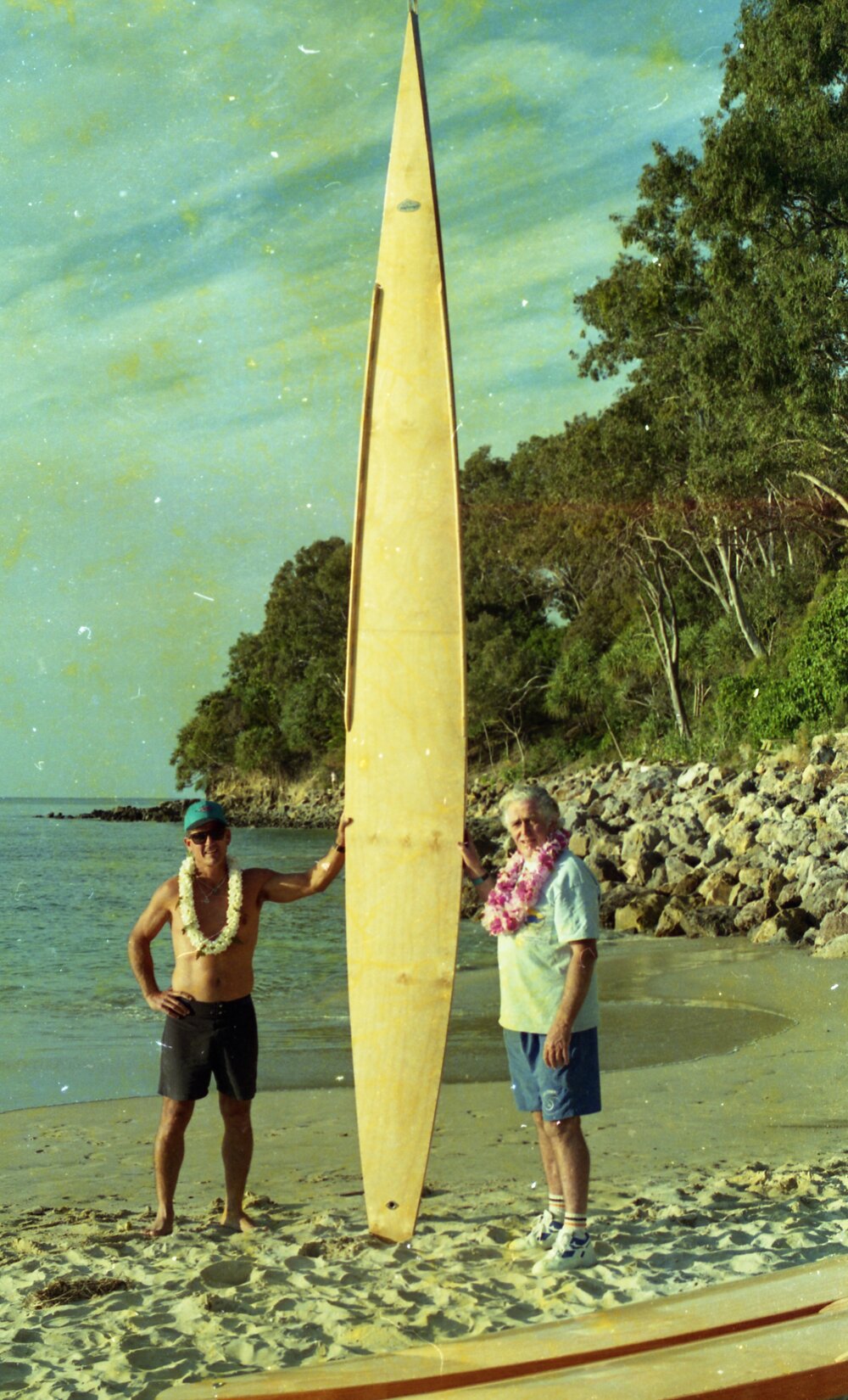 Ken Lucas and Bill Wallace (l-r), 'Toothpick' surfboards, Noosa Main Beach, Noosa Heads, ca 1990