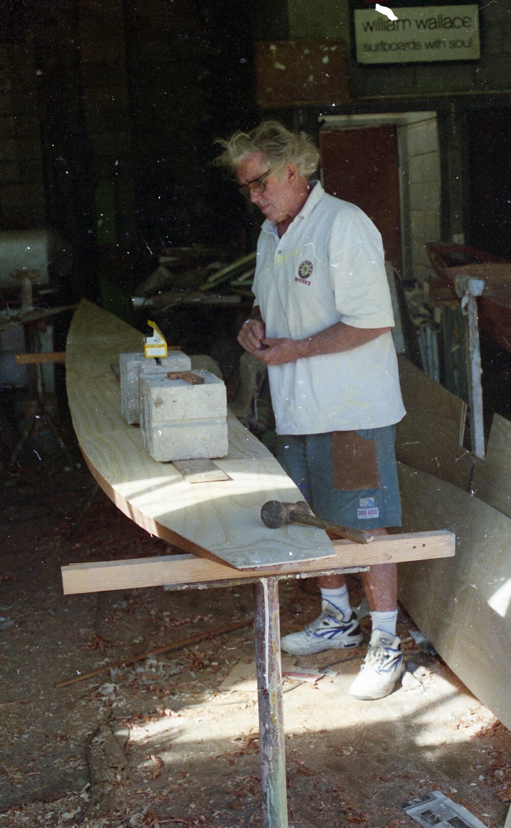 Master craftsman, Bill Wallace, Workshop, Bill Wallace Surfboards, ca 1990