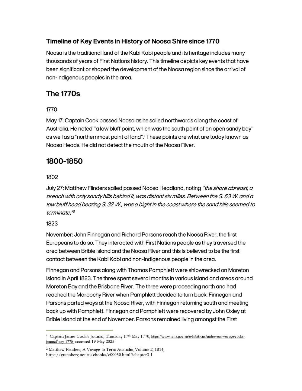 Timeline of Key Events in History of Noosa Shire since 1770