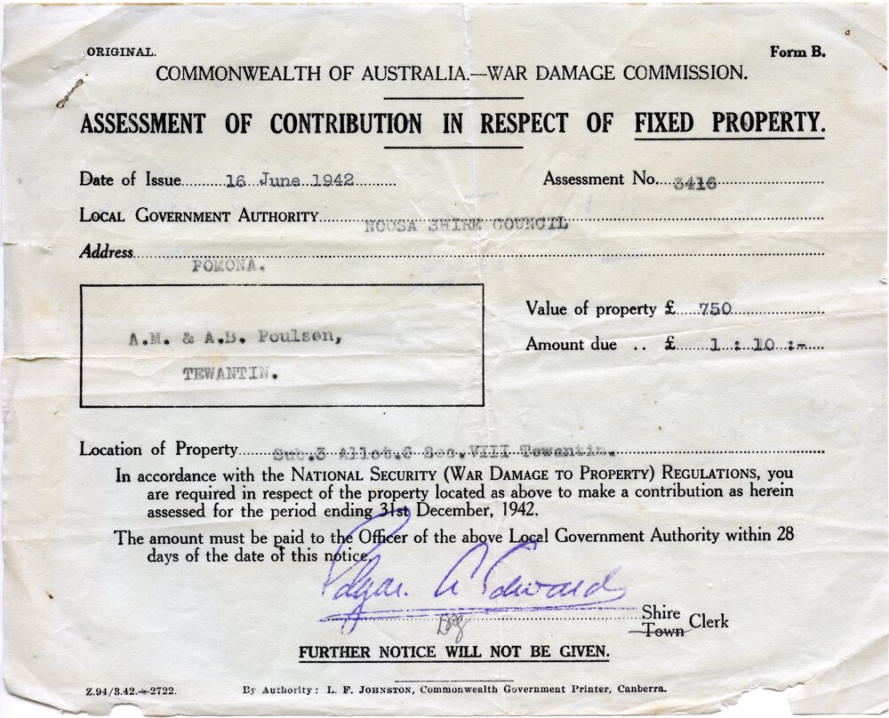 Fixed property contribution receipt, Pomona, 16 June 1942