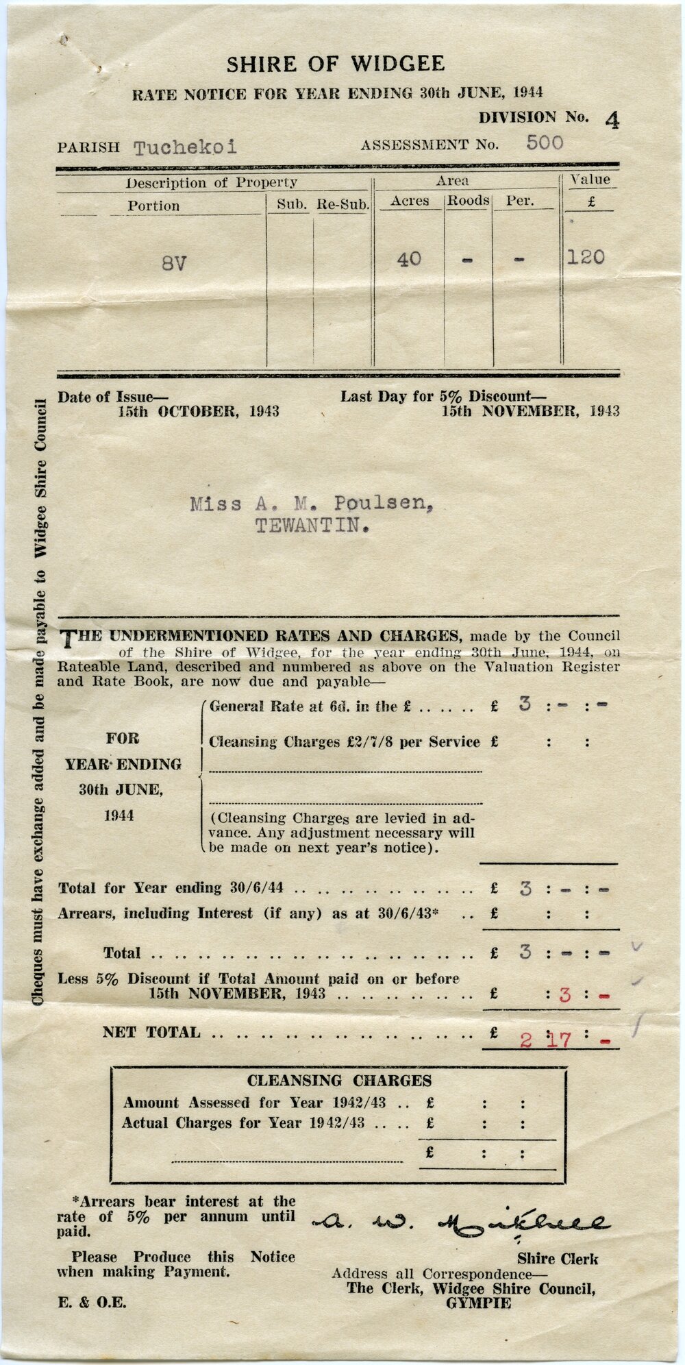 Rate Notice, Shire of Widgee, Miss A. M. Poulsen, Tewantin, Year ending 30 June 1944