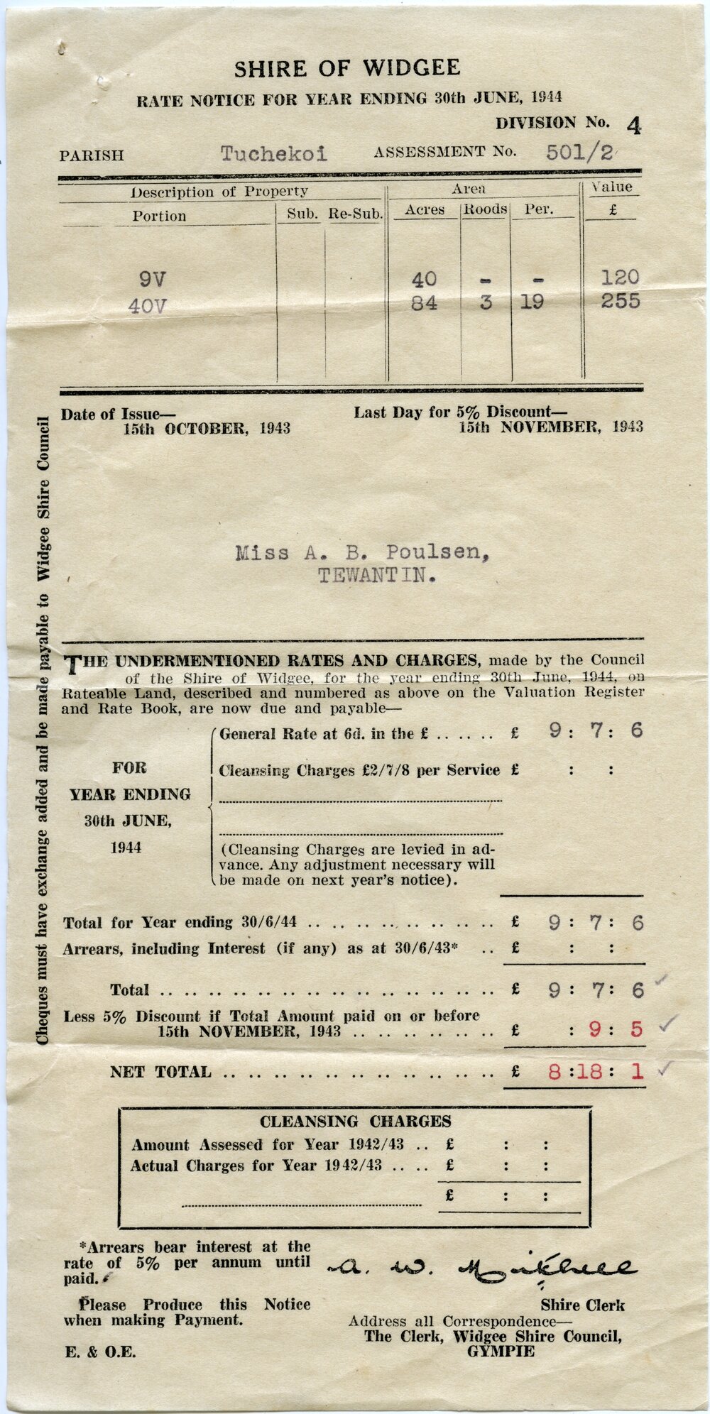 Rate Notice, Shire of Widgee, Miss A. M. Poulsen, Tewantin, Year ending 30 June 1944
