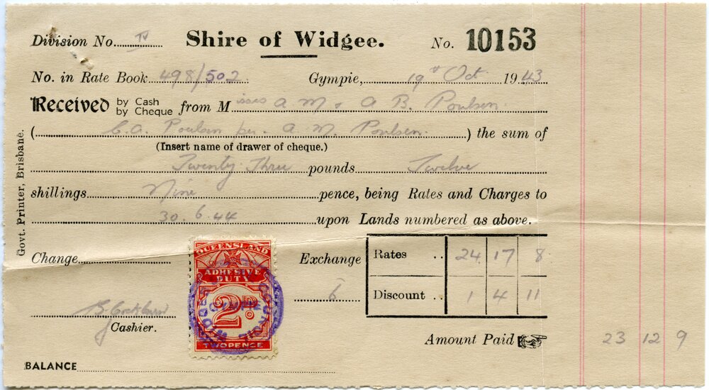 Rates receipt, Shire of Widgee, 19 October 1943