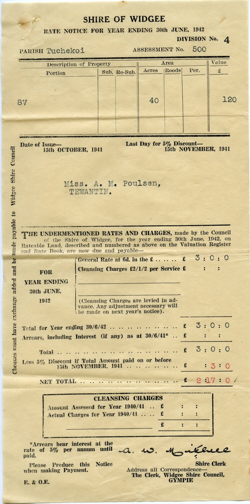 Rate Notice, Shire of Widgee, Miss A. M. Poulsen, Tewantin, Year ending 30 June 1942