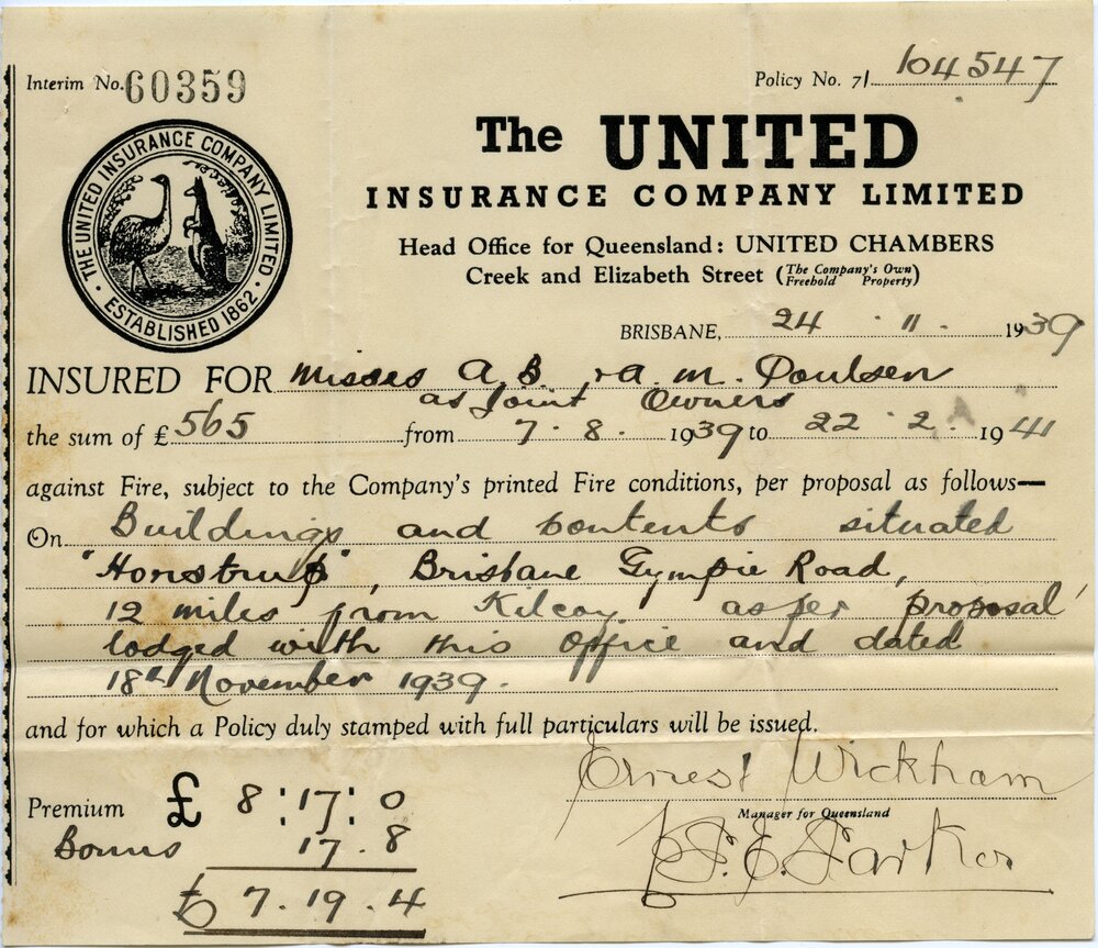 Insurance payment receipt, The United Insurance Company Ltd., Brisbane, 24 November 1939