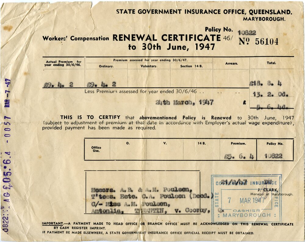 Workers' Compensation Renewal Certificate, State Government Insurance Office, Maryborough, 24 March 1947