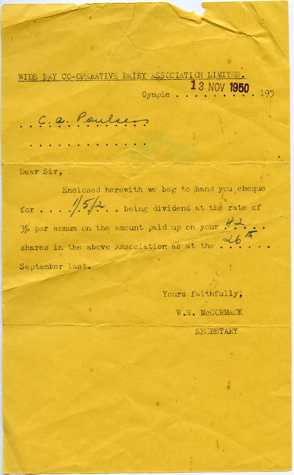 Dividend notice, Wide Bay Co-operative Dairy Association Ltd., Gympie, 13 November 1950
