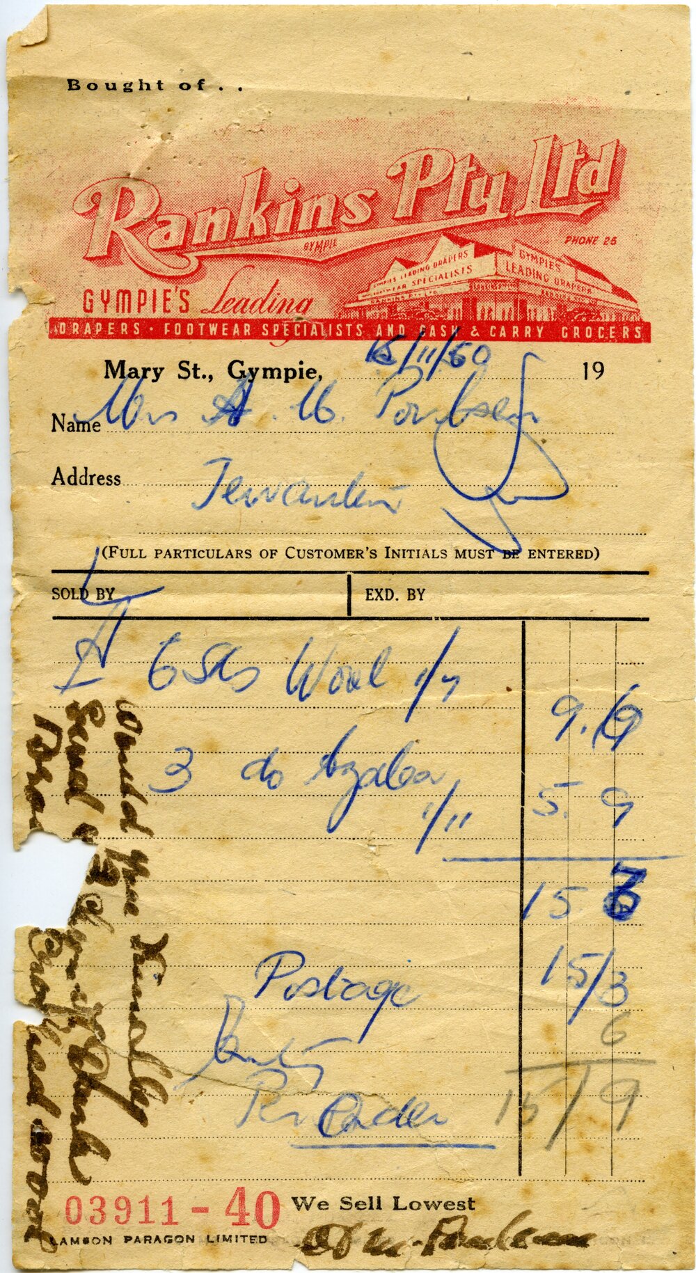 Invoice and receipt, Rankins Pty Ltd, Gympie, 18 November 1950
