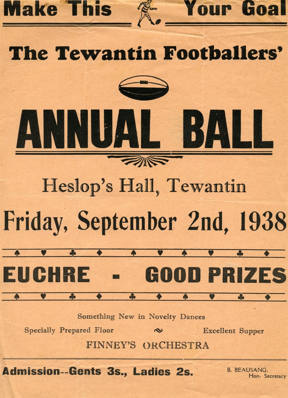 Advertising flyer, Tewantin Footballers' Annual Ball, Heslop's Hall, Tewantin, 2 September 1938