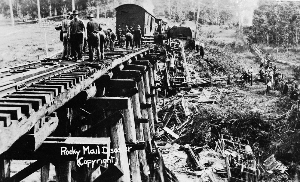 Repairing damaged railway after Rocky Mail train disaster, near Traveston, 1925 