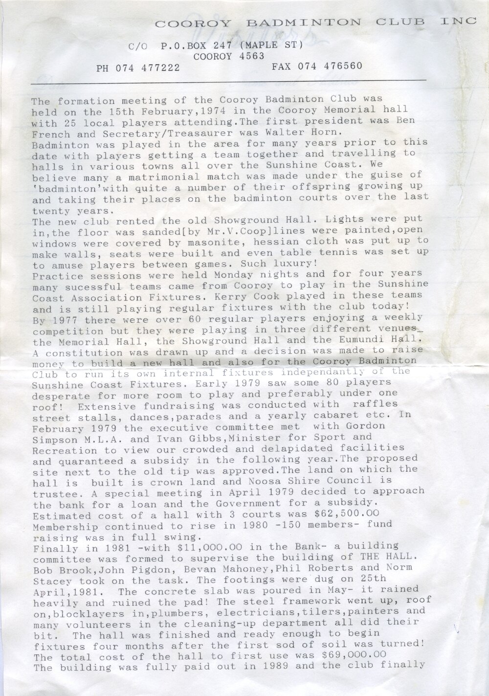 Formation meeting notes, Cooroy Badminton Club, Cooroy Memorial Hall, Cooroy, February 1974