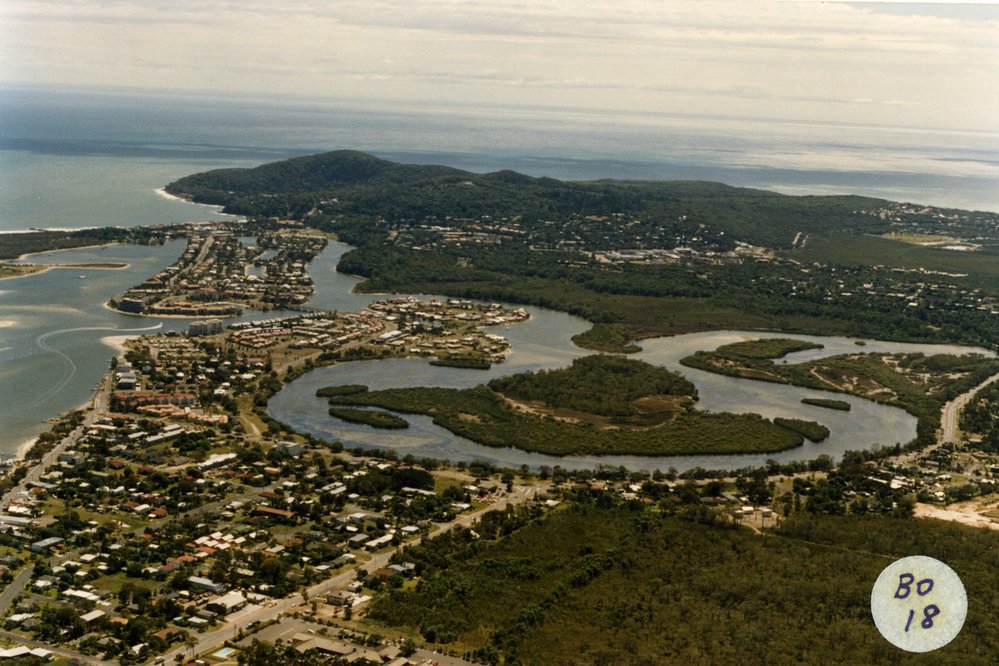 Aerial view Noosaville and Noosa Heads, including Keyser Island and Noosa Sound, ca 1987-88