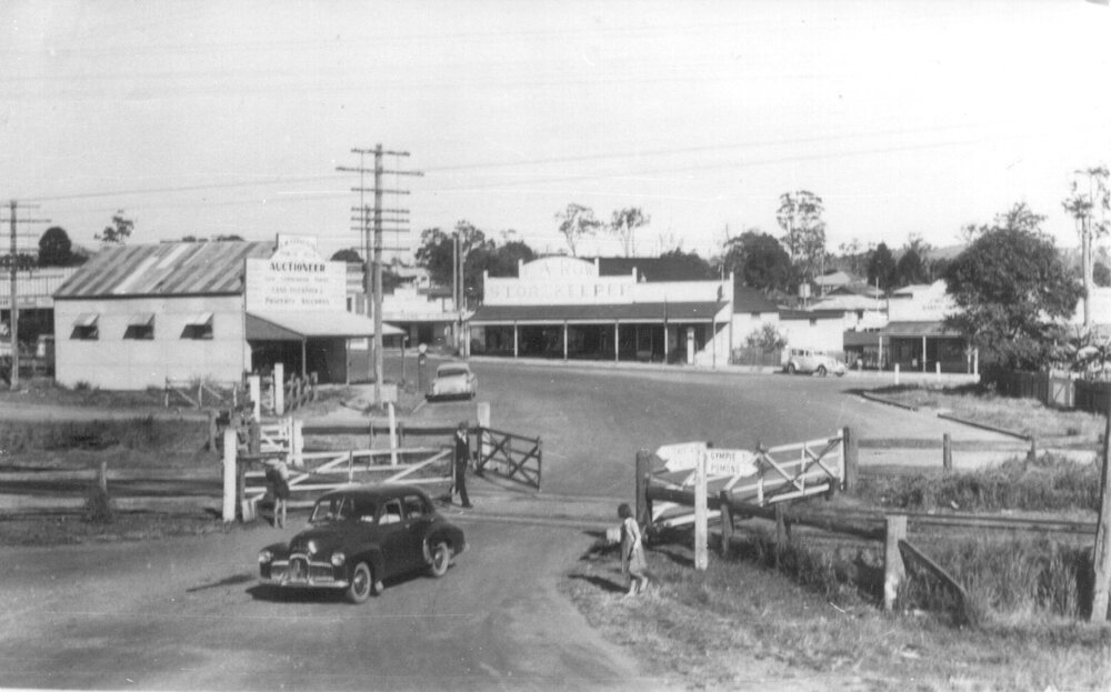 Railway crossing gates, Lower Maple Street, Cooroy, 1955