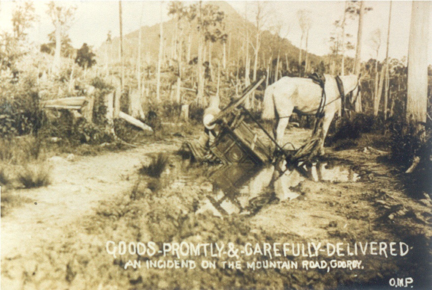 Bogged to the axle, goods wagon, Cooroy-Tewantin Road, Cooroy, 1910