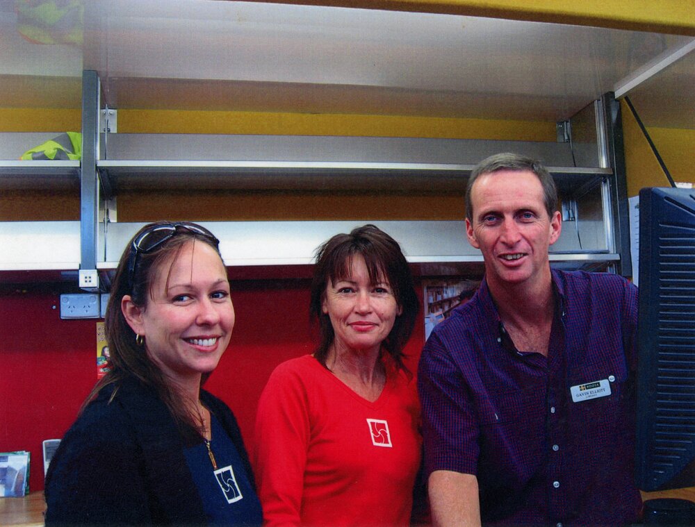 Tracey King, Lorraine Neilsen, Gavin Elliott (l-r), Mobile library vehicle interior, Noosa Library Service, ca 2006