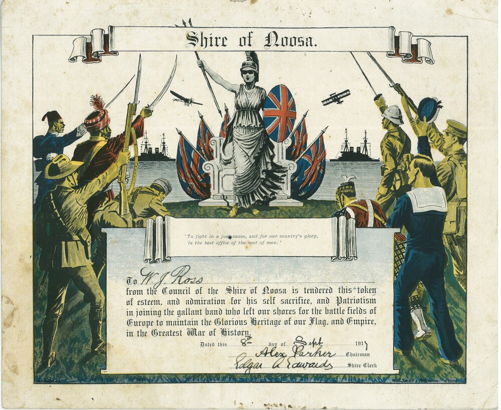 Certificate, Noosa Council, Token of esteem for service in World War One, 1917 