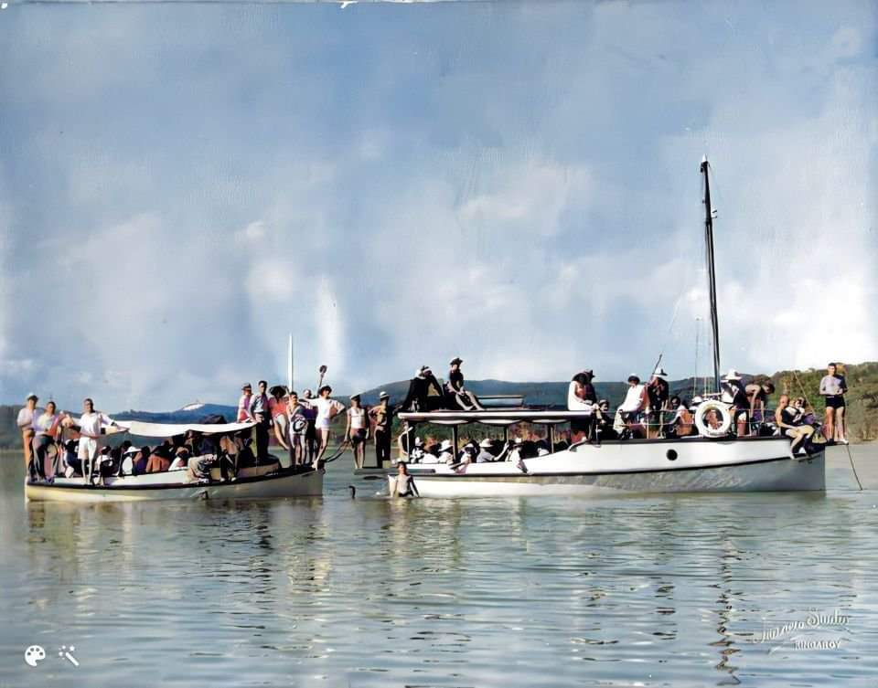 Overloaded with tourists, 'Jannett' and 'Miss Tewantin', Noosa River, Noosa Heads, 1930s