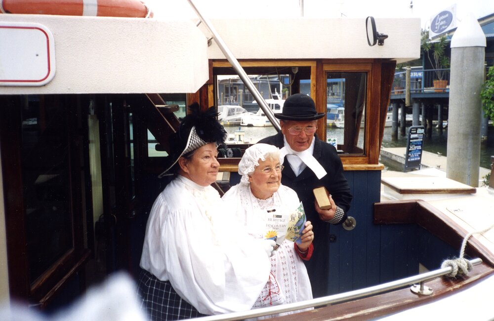 Costumed ferry travellers, Noosa Marina, Tewantin, 2001