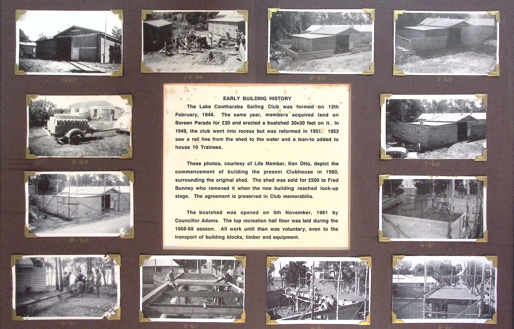 'Early Building History' framed photographs, Lake Cootharaba Sailing Club, Boreen Point, January 2026