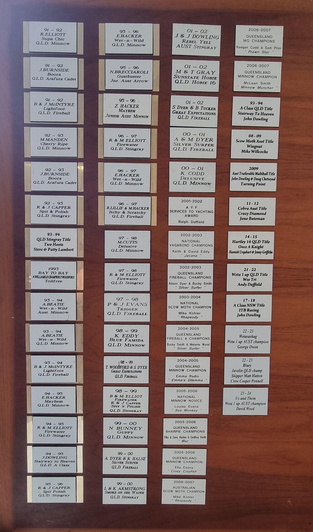 Honour Board, Lake Cootharaba Sailing Club, Boreen Point, February 2026