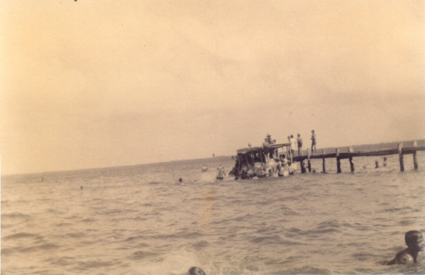 Swimming group, Lake Cootharaba jetty, Boreen Point, 1931