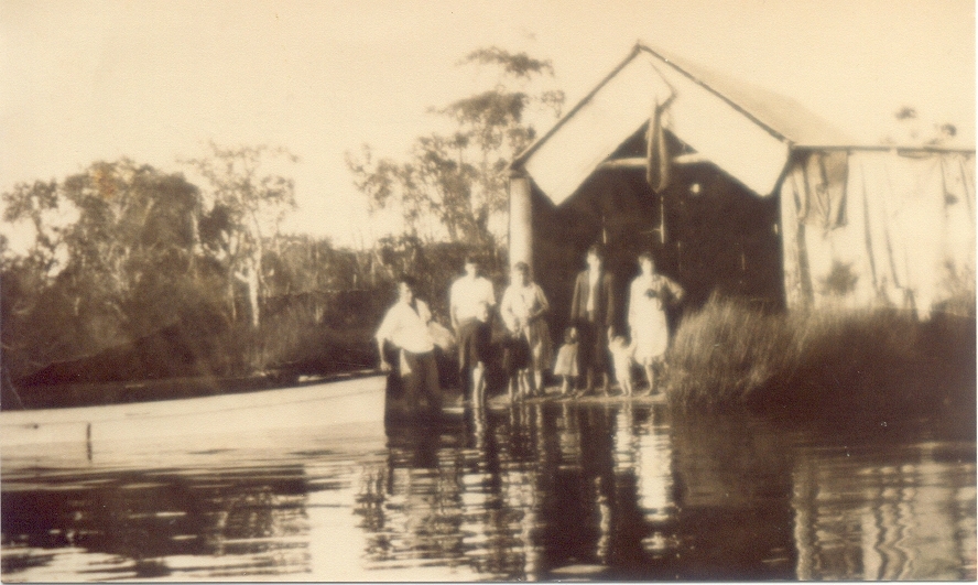 Boating party, Crang family boat shed, Lake Cootharaba, Mill Point, Como, 1930s