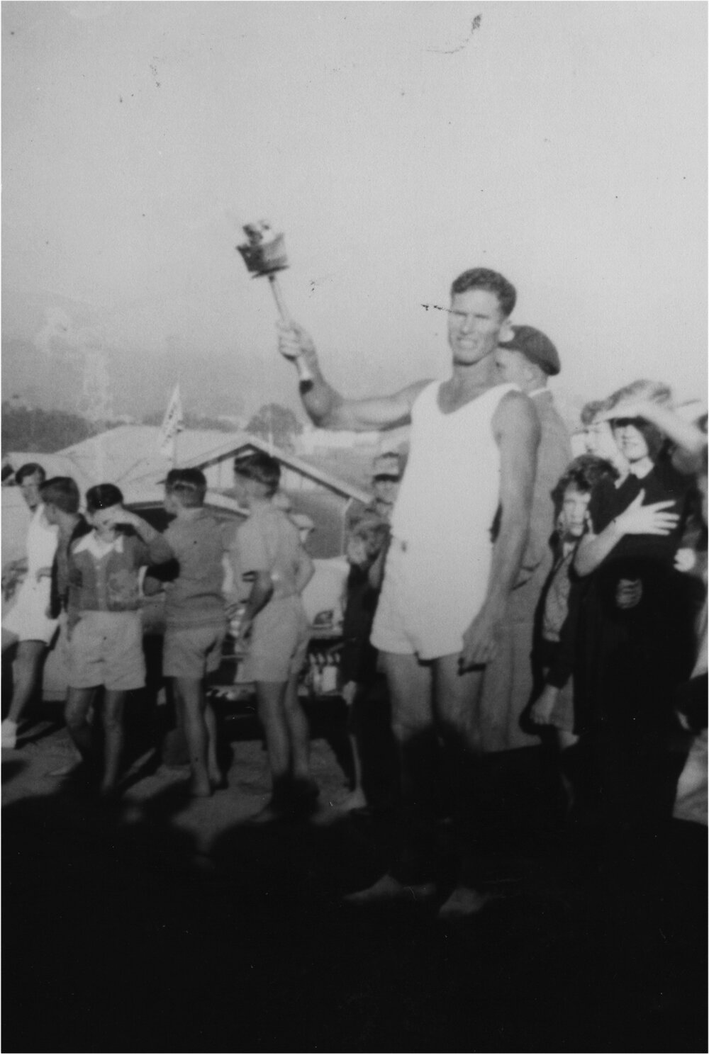 Torch bearer, Phil Cave, Olympic Games torch relay, Pomona, November 1956