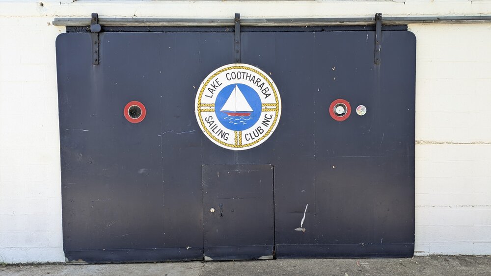 Club doors, Lake Cootharaba Sailing Club, Lake Cootharaba, Boreen Point, 10 December 2025