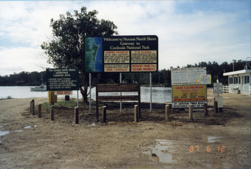 Signage, Cooloola National Park, loading dock, Noosa Ferry, loading area, Tewantin, 12 June 1987