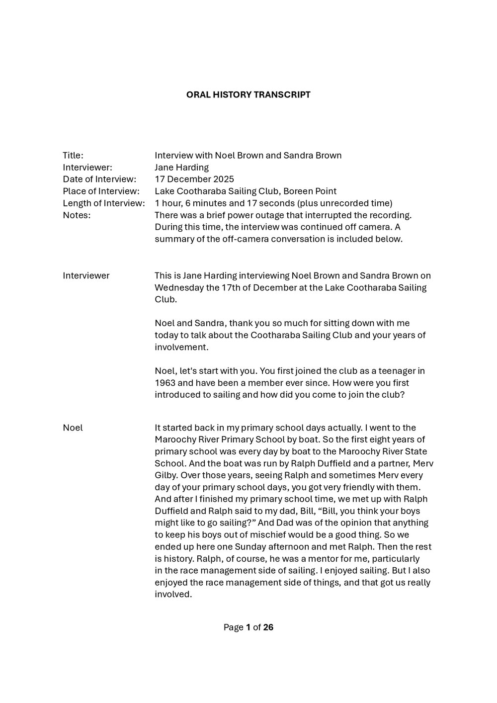 Noel and Sandra Brown Oral History - Sailing -Transcript