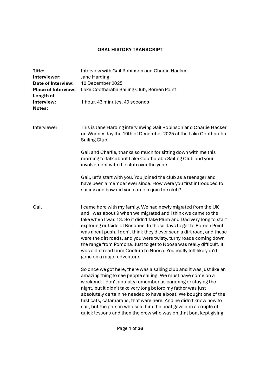 Gail Robinson and Charlie Hacker Oral History - Sailing -Transcript