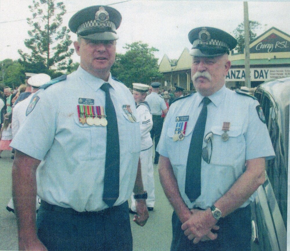 Sergeant Mal Scott (l) and fellow police officer, ANZAC Day, Cooroy