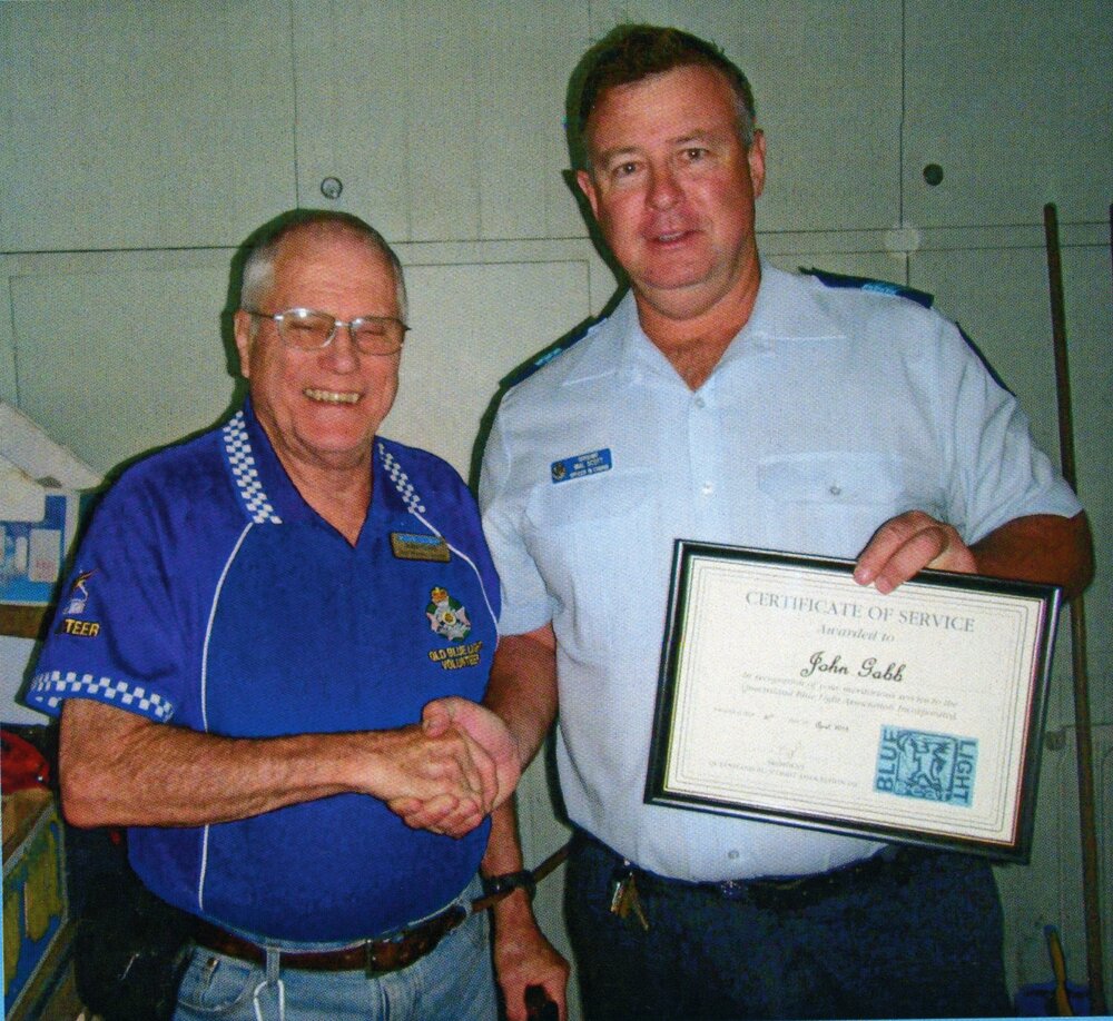 Recognition certificate presentation, John Gabb and Sergeant Mal Scott (l-r), Cooroy