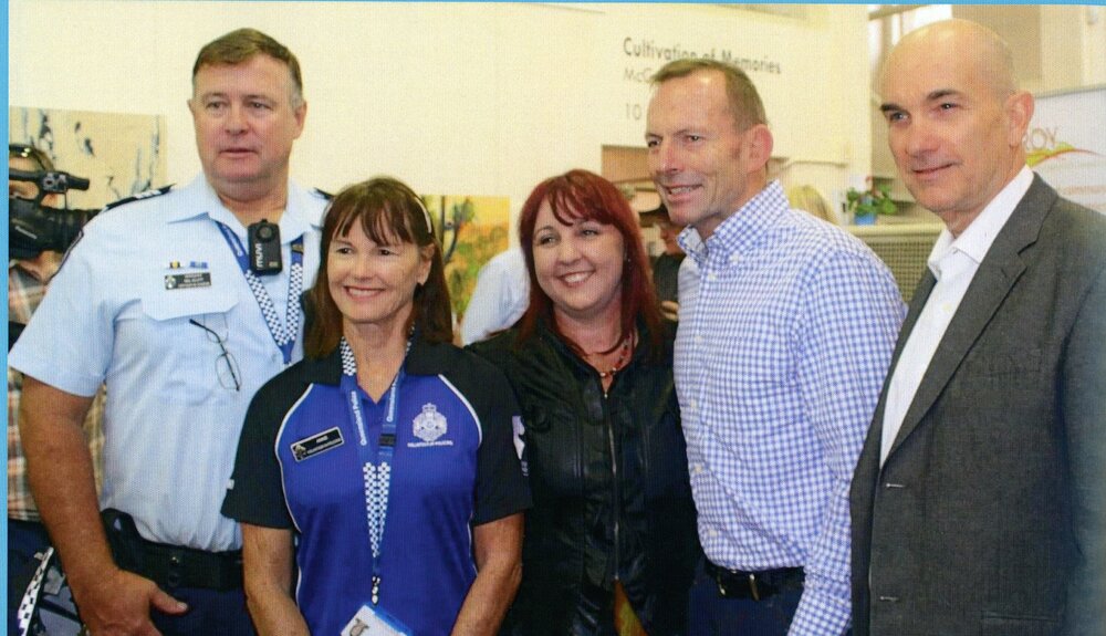 Sergeant Mal Scott, Anne Winning (Volunteer in Police), Danielle Taylor (Cooroy Chamber of Commerce), former Prime Minister Tony Abbott and Douglas Grant CCTV Specialist, Cooroy, June 2016
