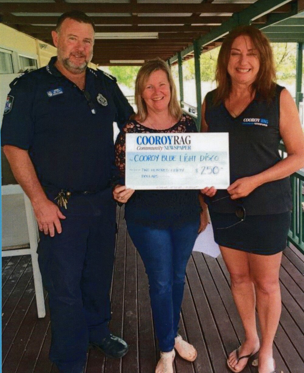 Sergeant Mal Scott and Cooroy Ray staff, financial support cheque presentation, Cooroy, ca June 2022