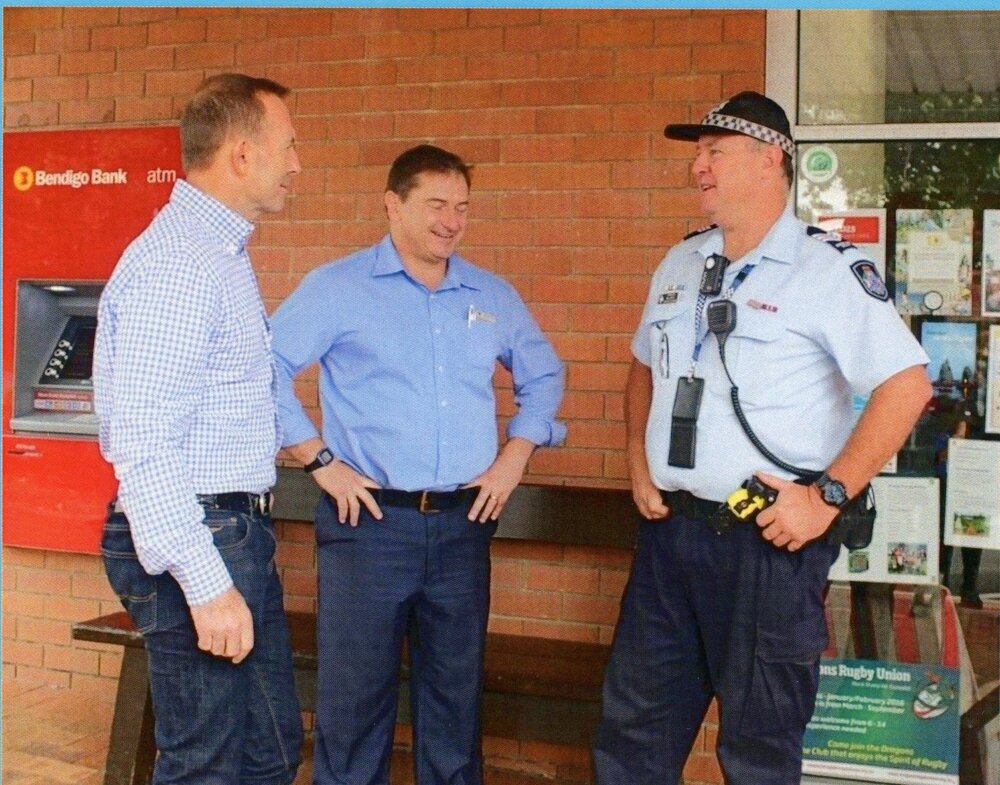 Sergeant Mal Scott, Llew O'Brien (LNP Candidate) and former Prime Minister Tony Abbott, Cooroy, June 2016