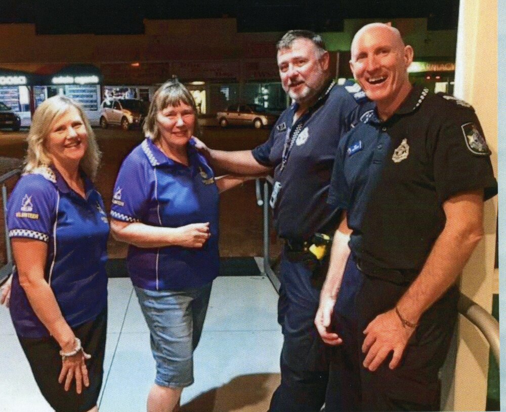 Sergeant Mal Scott (2nd right), unknown police officer (1st right) and Blue Light Disco volunteers, Cooroy Memorial Hall, Cooroy, ca 2020 