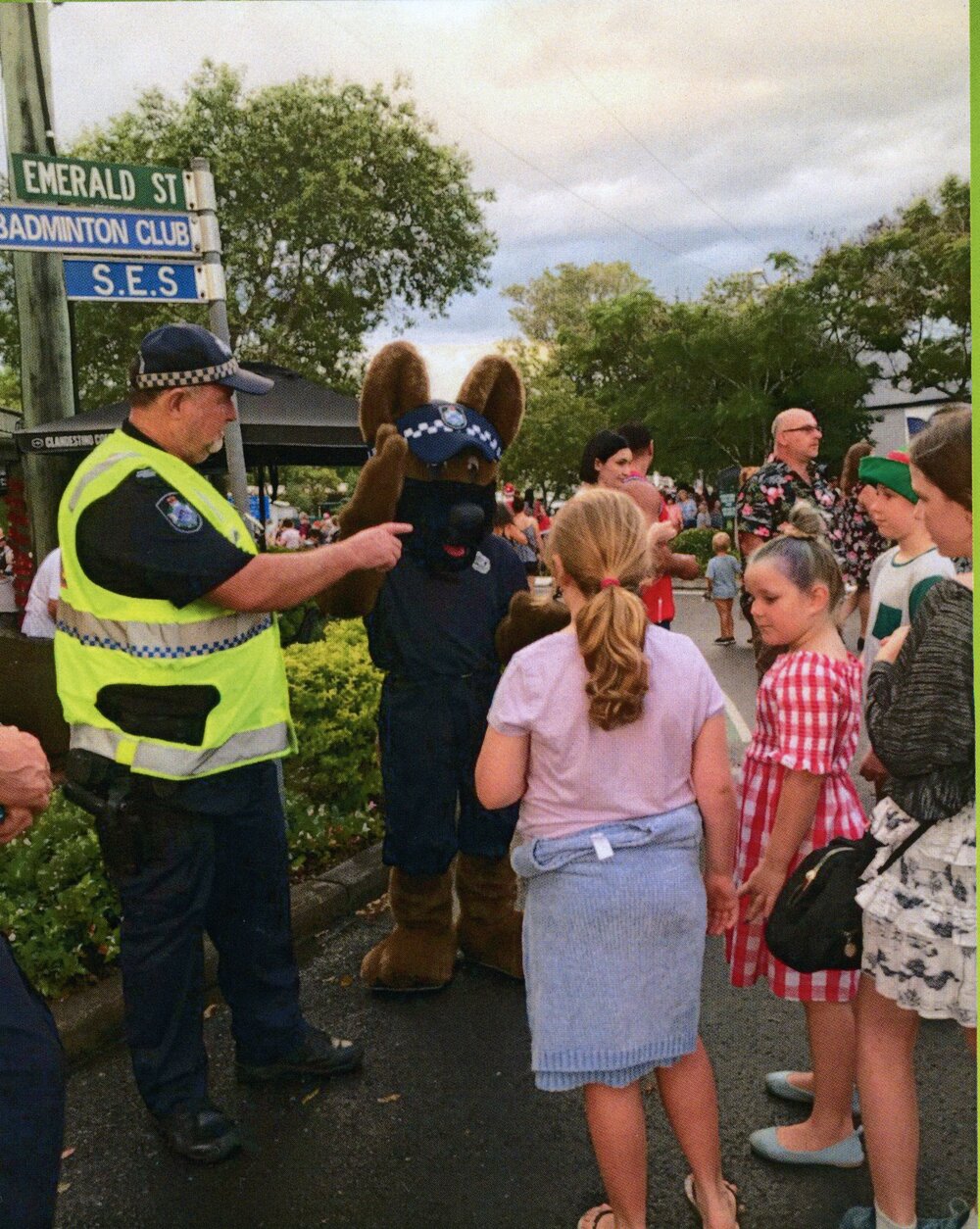Sergeant Mal Scott (l) with 'Cluedo', community event, Cooroy