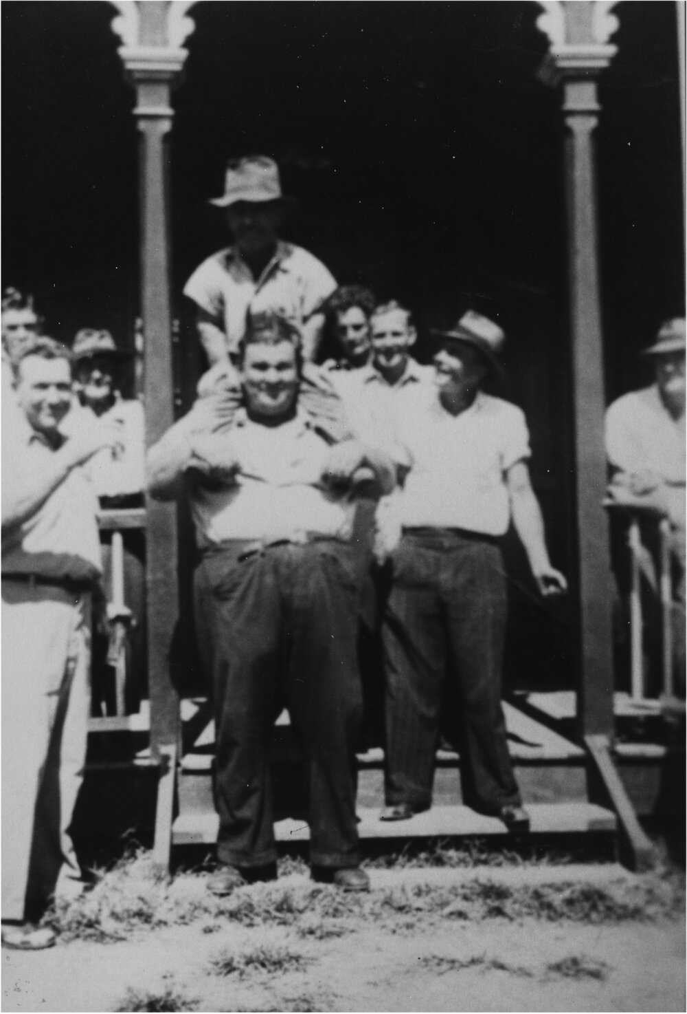 Darby Schreiber, Jack Clifford, George Fredericksen, 'Tiny' O'Connor with Vic Spinaze on his shoulders, George Spinaze (l-r), Pomona