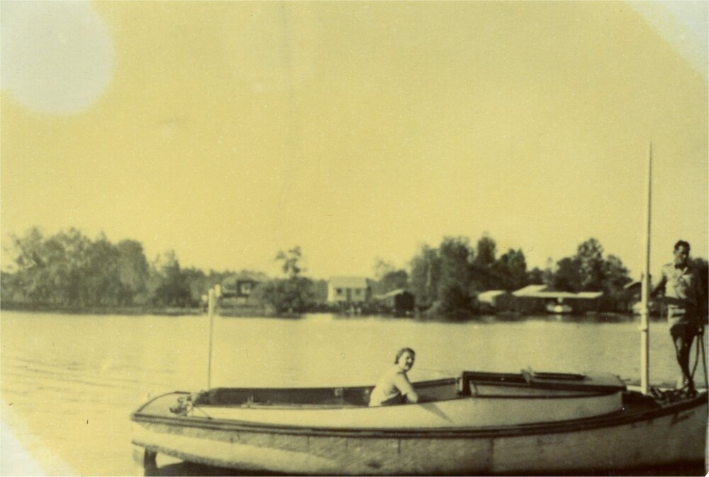 Norm Low (seated) with unidentified man onboard 'Jannett', Noosa River