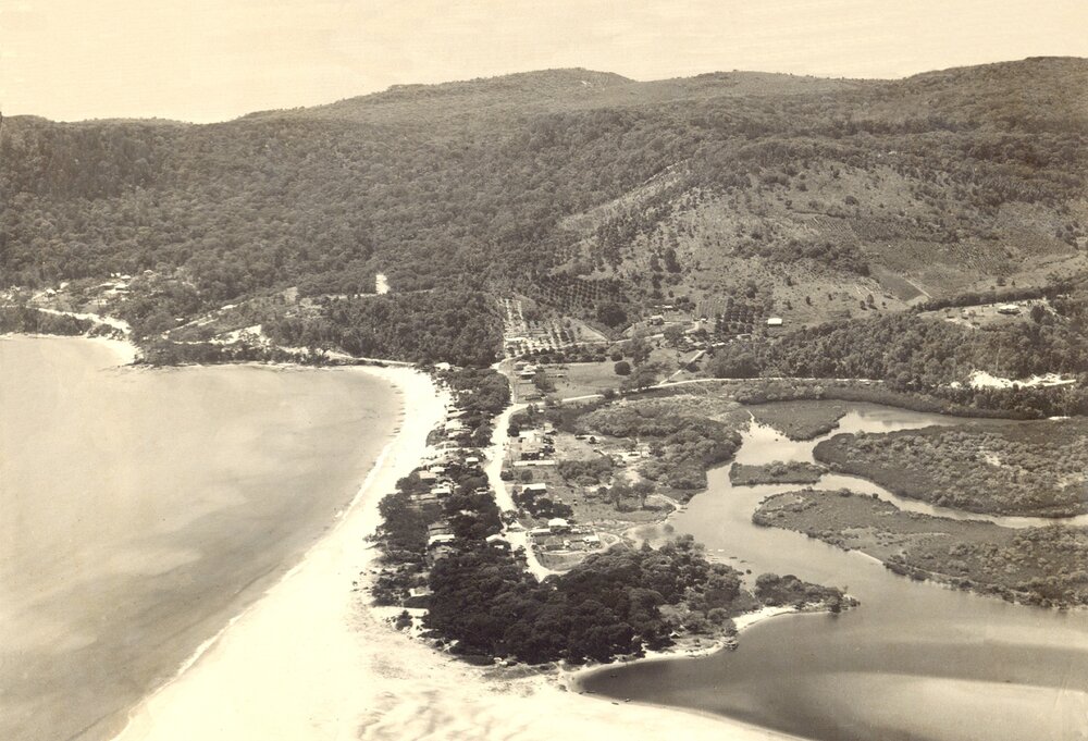 Aerial view, Noosa River mouth, Main Beach and Hastings Street, Noosa Heads, ca 1950