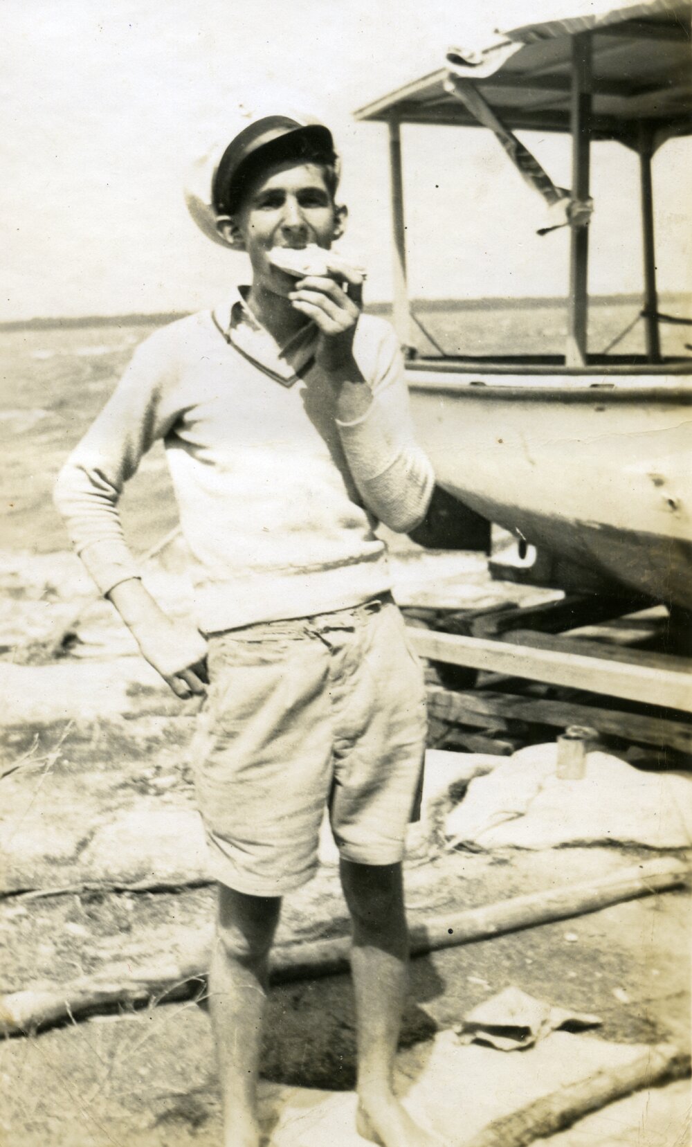 Tucking in, Boating, Lake Cootharaba, 1947