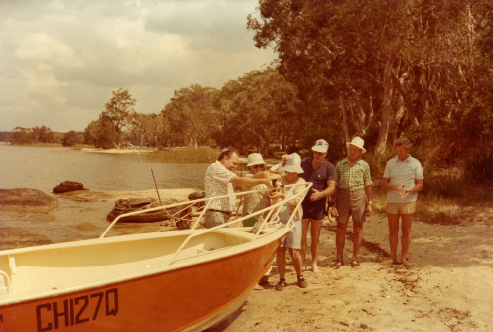 Launch of vessel 'Kabi', Lake Cootharaba, ca 1983