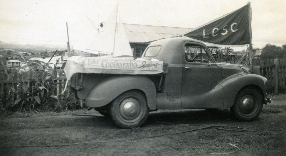 Decorated vehicle, Lake Cootharaba Sailing Club, Queen Elizabeth II Coronation Parade celebration, June 1953