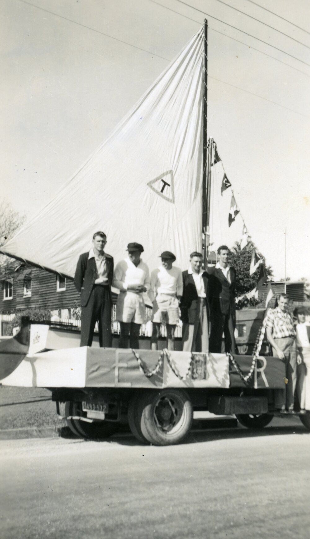 Float, Lake Cootharaba Sailing Club, Coronation Day Parade, Gympie, 2 June 1953