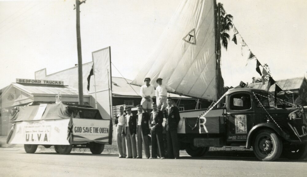 Club members and Float, Lake Cootharaba Sailing Club, Queen Elizabeth II Coronation Day Parade celebrations, 2 June 1953